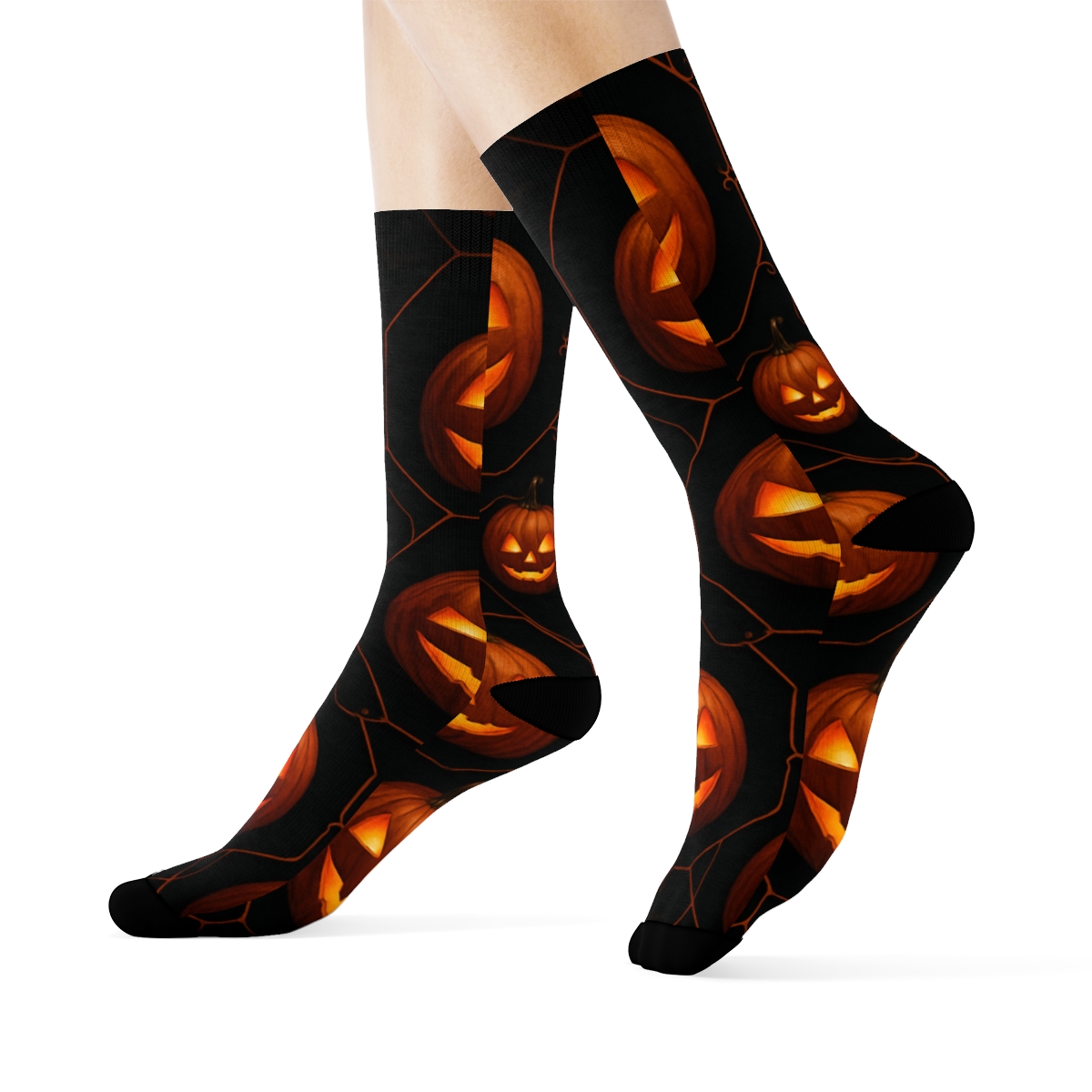 Glowing Pumpkin Hexagonal Tile On Black Background soft everyday crew socks