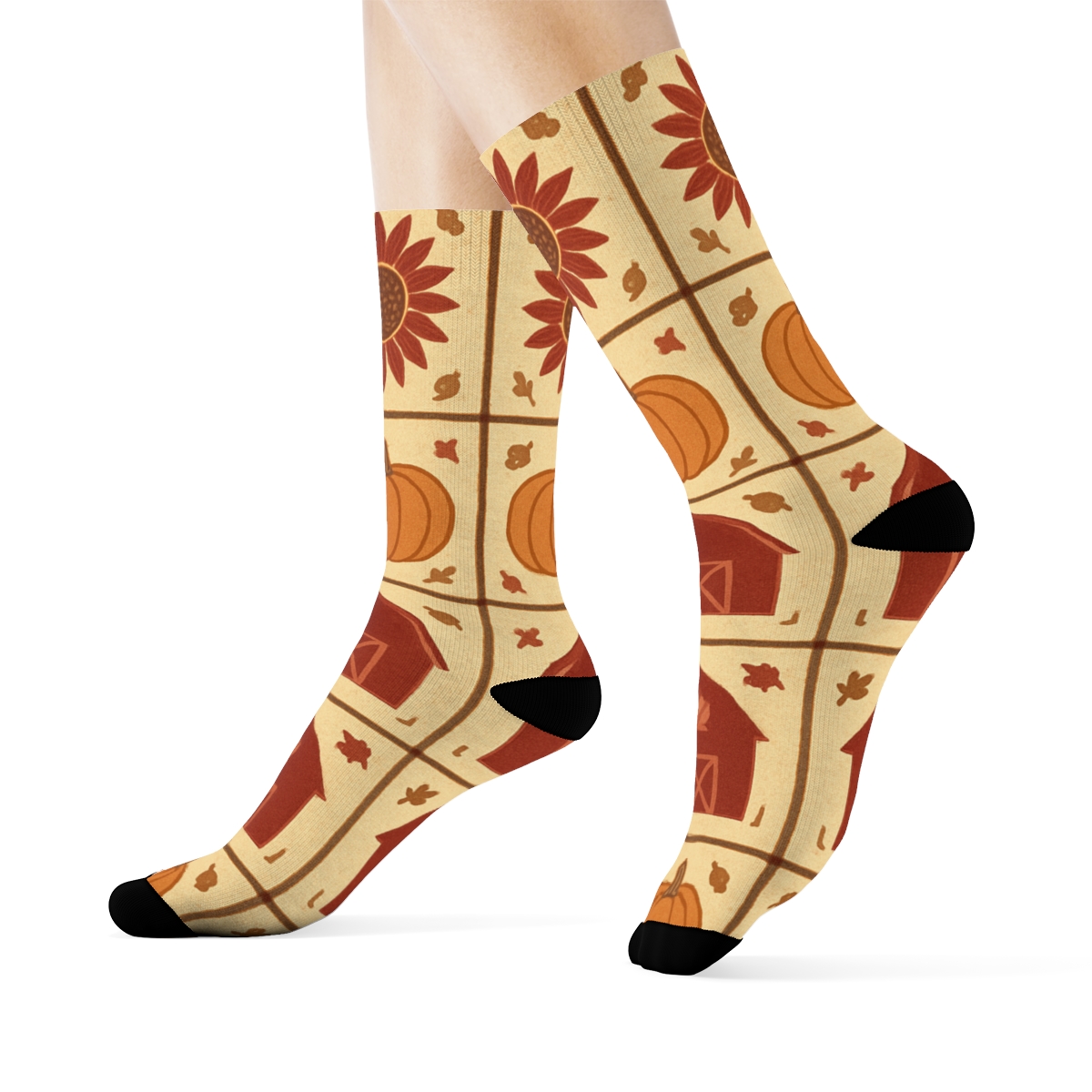 Vintage Pumpkin Patch Grid On Cream designer printed crew socks