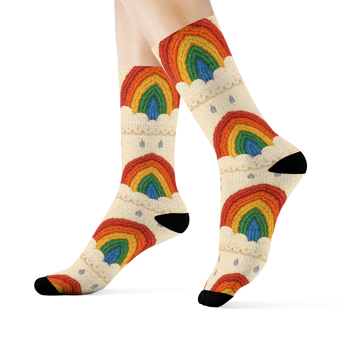 Rainbow Cable Knit Illusion With Cloud Edges unique graphic crew socks