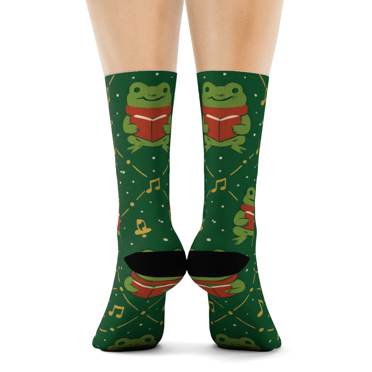 Frog Caroler Music Note Lattice On Pine Green Background unique graphic crew socksFrog Caroler Music Note Lattice on Pine Green Background Crew Socks - Image 4