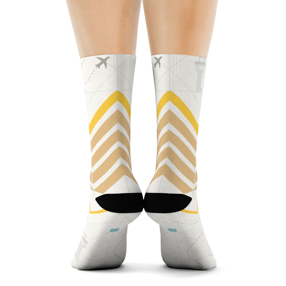 Runway Chevrons And Control Towers With Air Traffic Controller Motifs trendy patterned crew socks