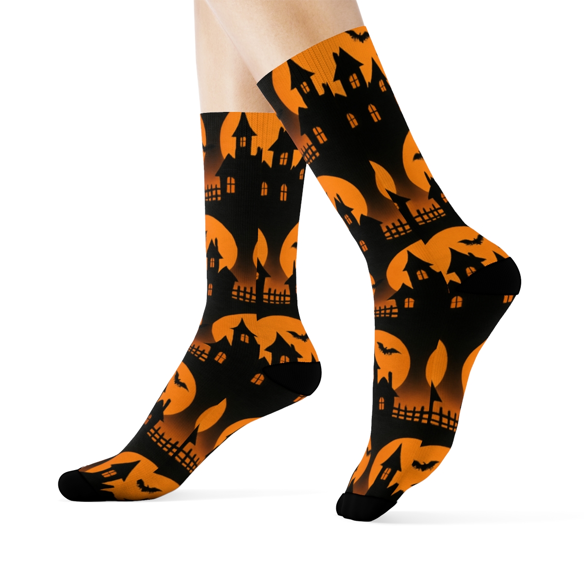 Haunted House Silhouette Stripe With Orange Moon Glows On Black Background stylish athletic crew socks
