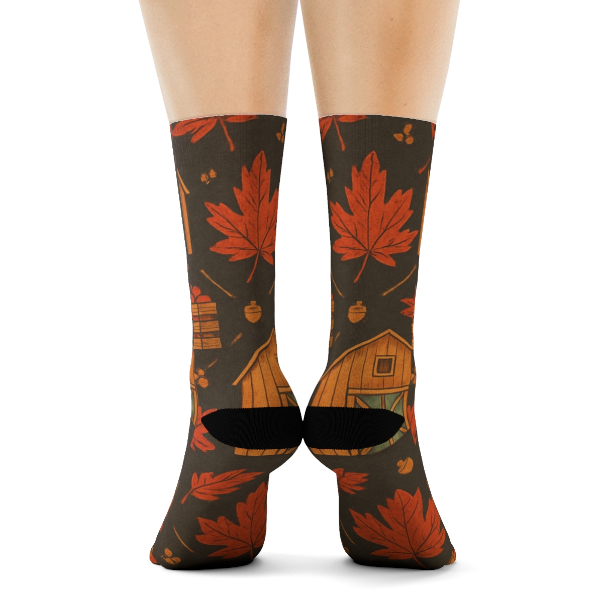 Rustic Harvest Barn And Leaf Lattice On Charcoal Background premium sports crew socks