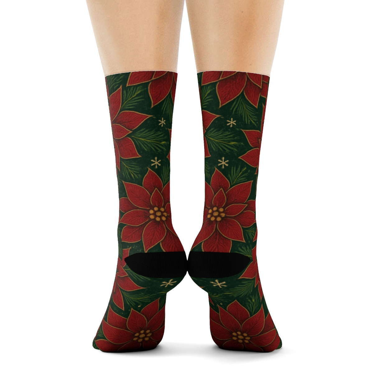 Poinsettia Tessellation On Deep Green trendy patterned crew socks