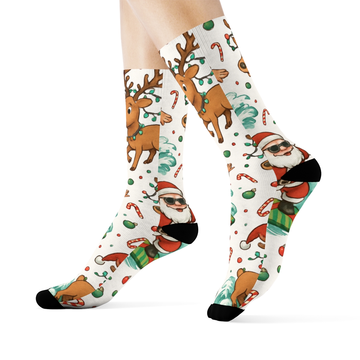 Santa Surfing Holiday Collage Repeat premium sports crew socks