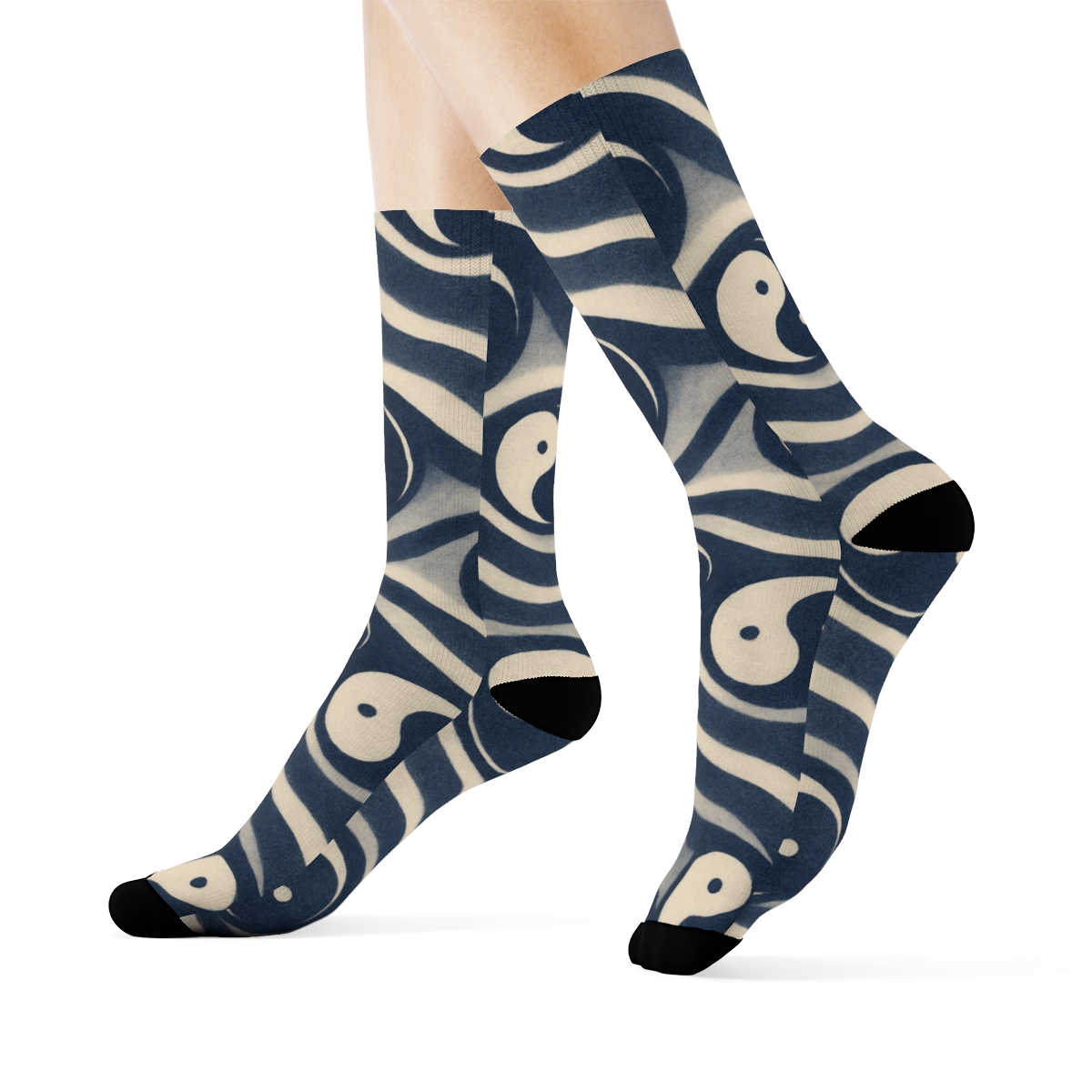 Indigo Koi Teardrop Waves On Pale Cream trendy patterned crew socks