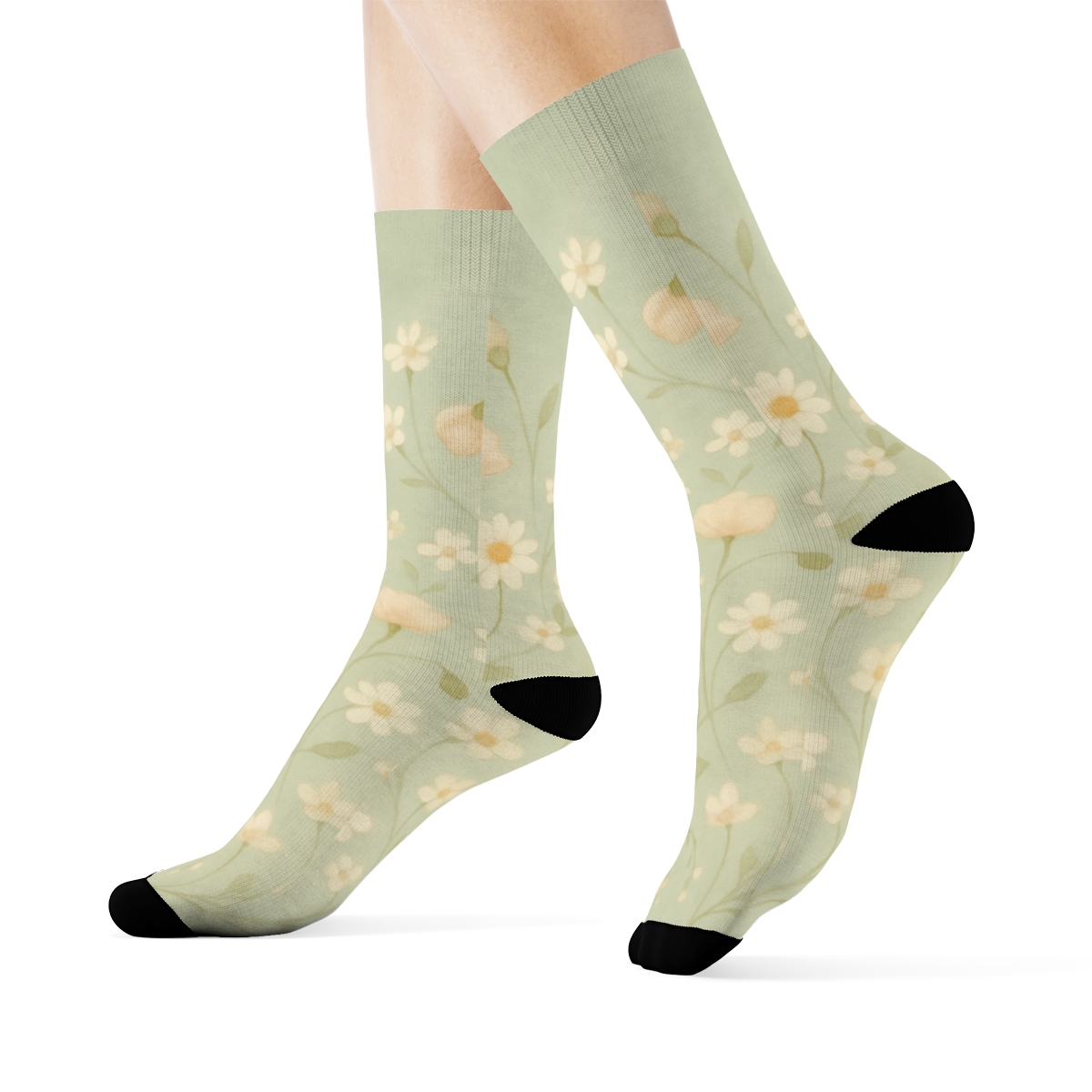 Watercolor Wildflower Meadow Wrap On Soft Sage Background soft everyday crew socks