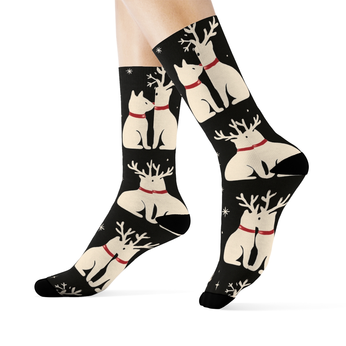 Minimal Reindeer Cat Silhouettes On Black Background soft everyday crew socks