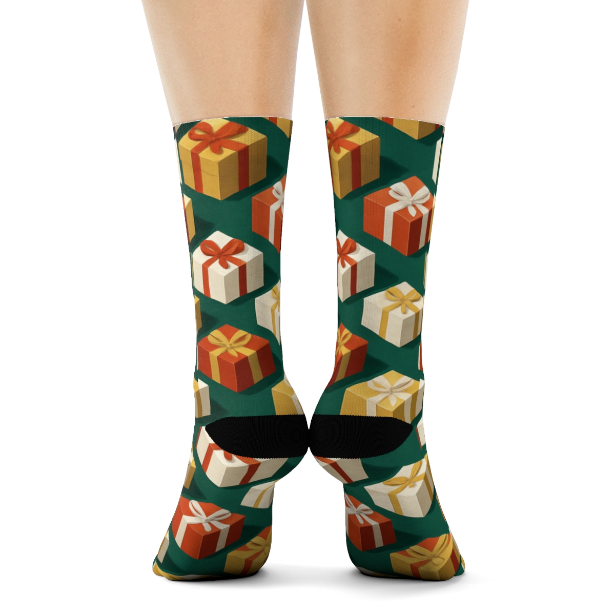Holiday Gift Box Ribbon Mosaic On Emerald unique graphic crew socks