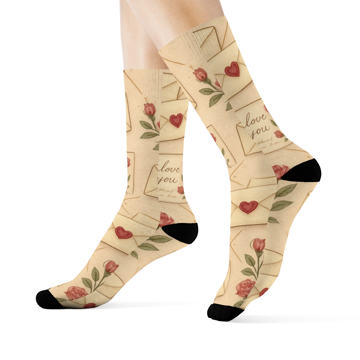 Vintage Postcard Lattice With Valentines Love Letter Envelope Accents soft everyday crew socks