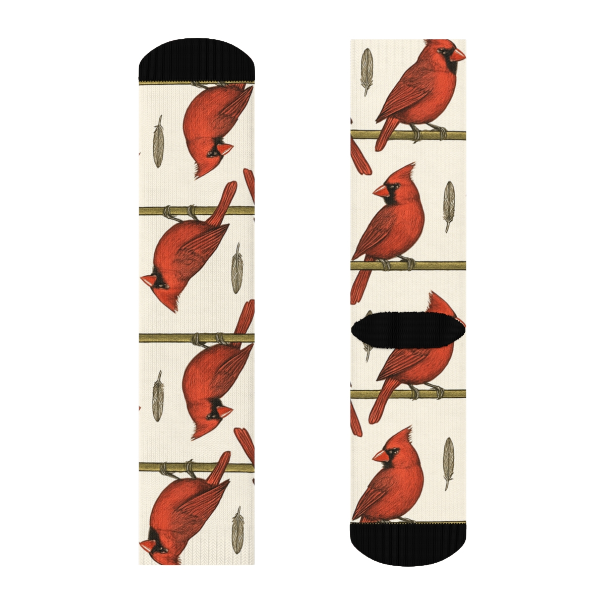 Crimson Cardinal Perch Stripe On Snow White Background trendy patterned crew socks