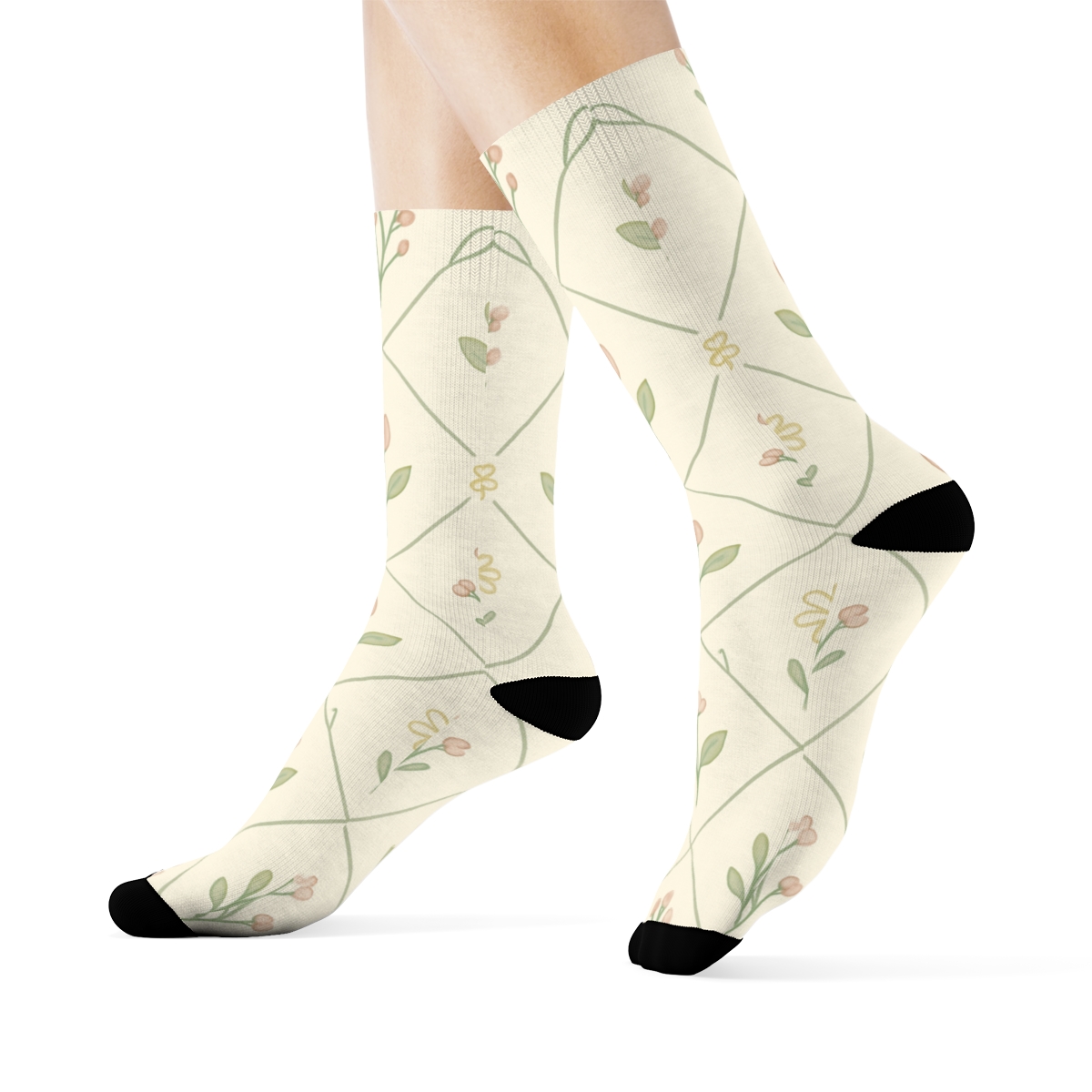Sage Wildflower Lattice On Warm Ivory Background custom crew socks