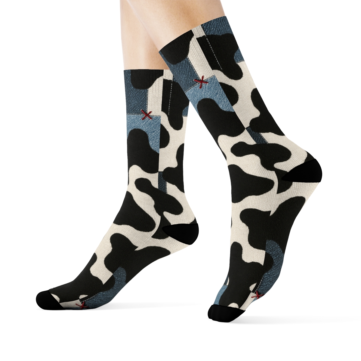 Denim Patchwork Cow Spot Overlay soft everyday crew socks
