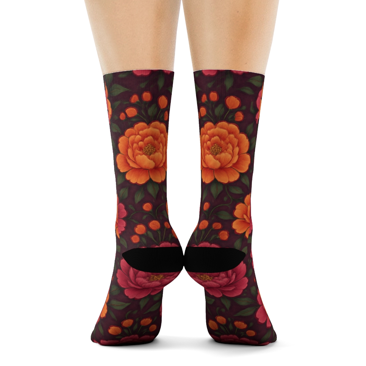 Sunset Peony Medallion Tiles On Deep Plum Background custom crew socks