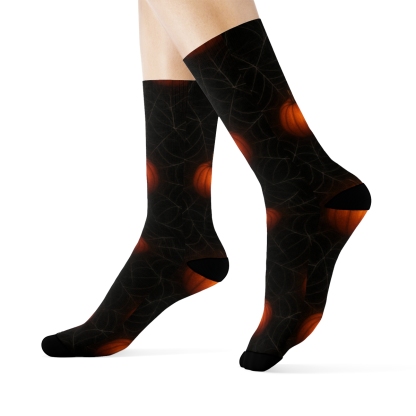 Spider Web Pumpkin Overlay On Black Background comfortable cotton crew socks