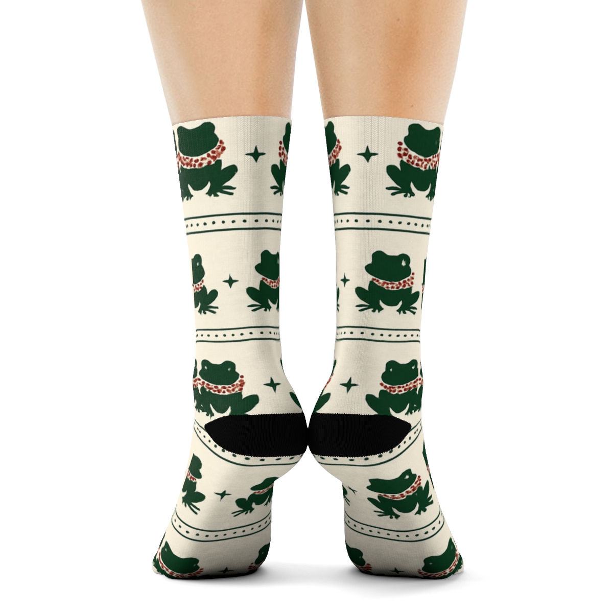 Festive Frog Ornament Bands On Ivory comfortable cotton crew socks