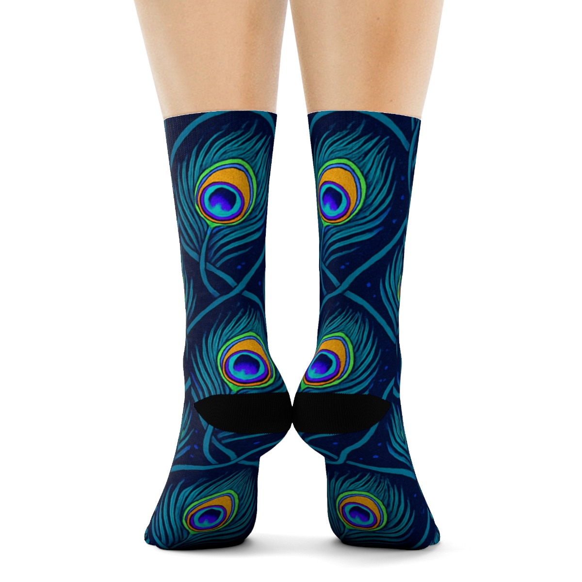 Peacock Eye Feather Lattice On Midnight Navy Background personalized crew socksPeacock Eye Feather Lattice on Midnight Navy Background Crew Socks - Image 4