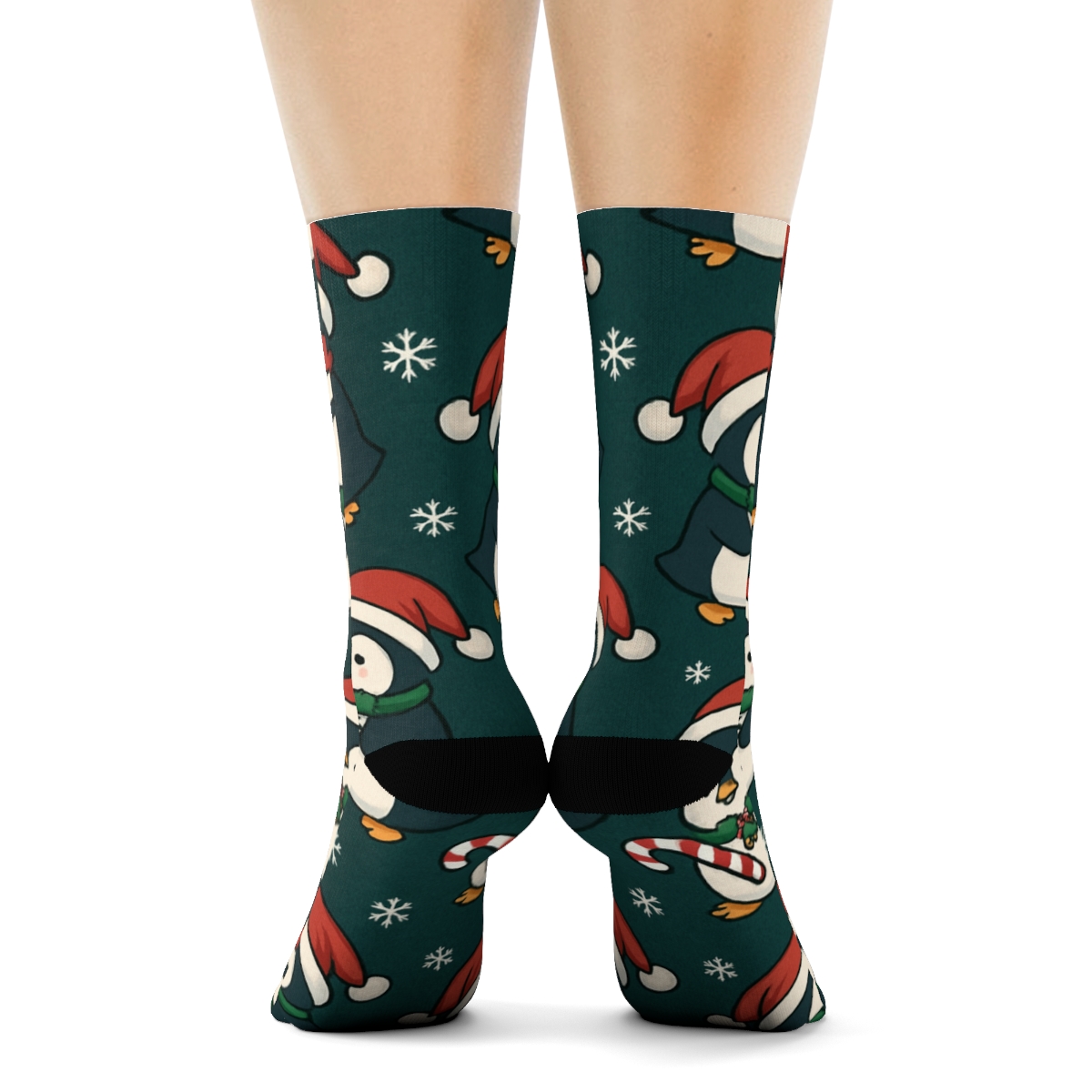 Holly Scarf Penguin Parade On Midnight Green Background comfortable cotton crew socks