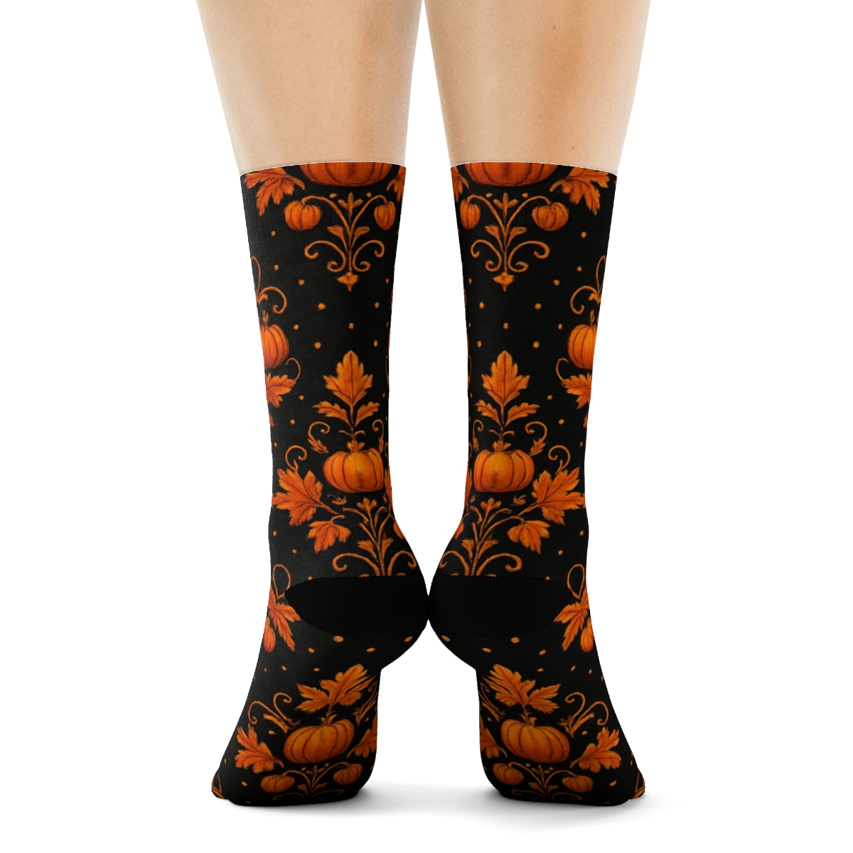 Autumn Leaf And Pumpkin Medallion Damask On Black Background premium sports crew socks