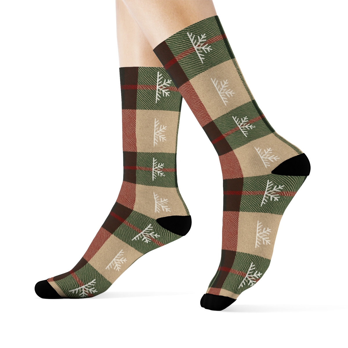 Cozy Cabin Holiday Plaid With Snowflake Overprint designer printed crew socks
