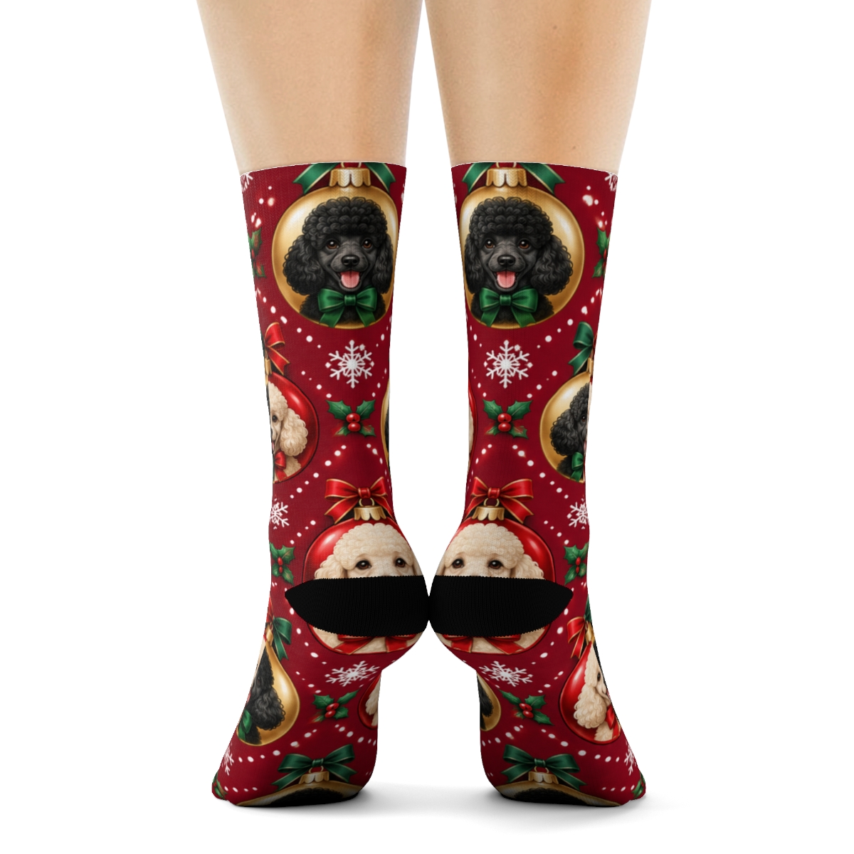 Festive Poodle Bauble Lattice On Cranberry Background unique graphic crew socks [AI-c7bf9e10-f3b855b21c6f]