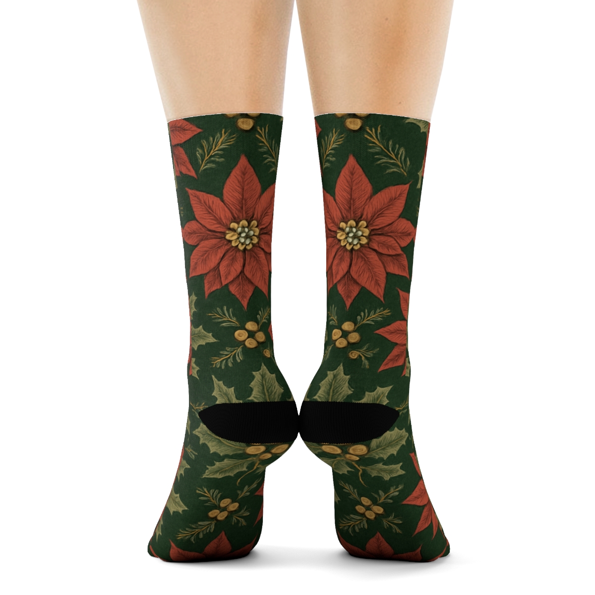 Poinsettia And Holly Lattice On Deep Evergreen Background unique graphic crew socks