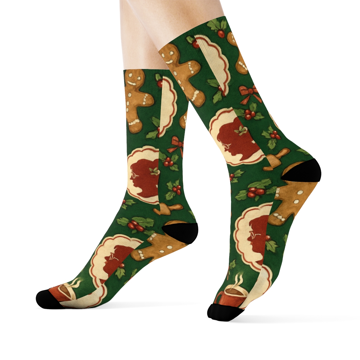 Mrs. Claus Gingerbread Kitchen Medallion Repeat trendy patterned crew socks