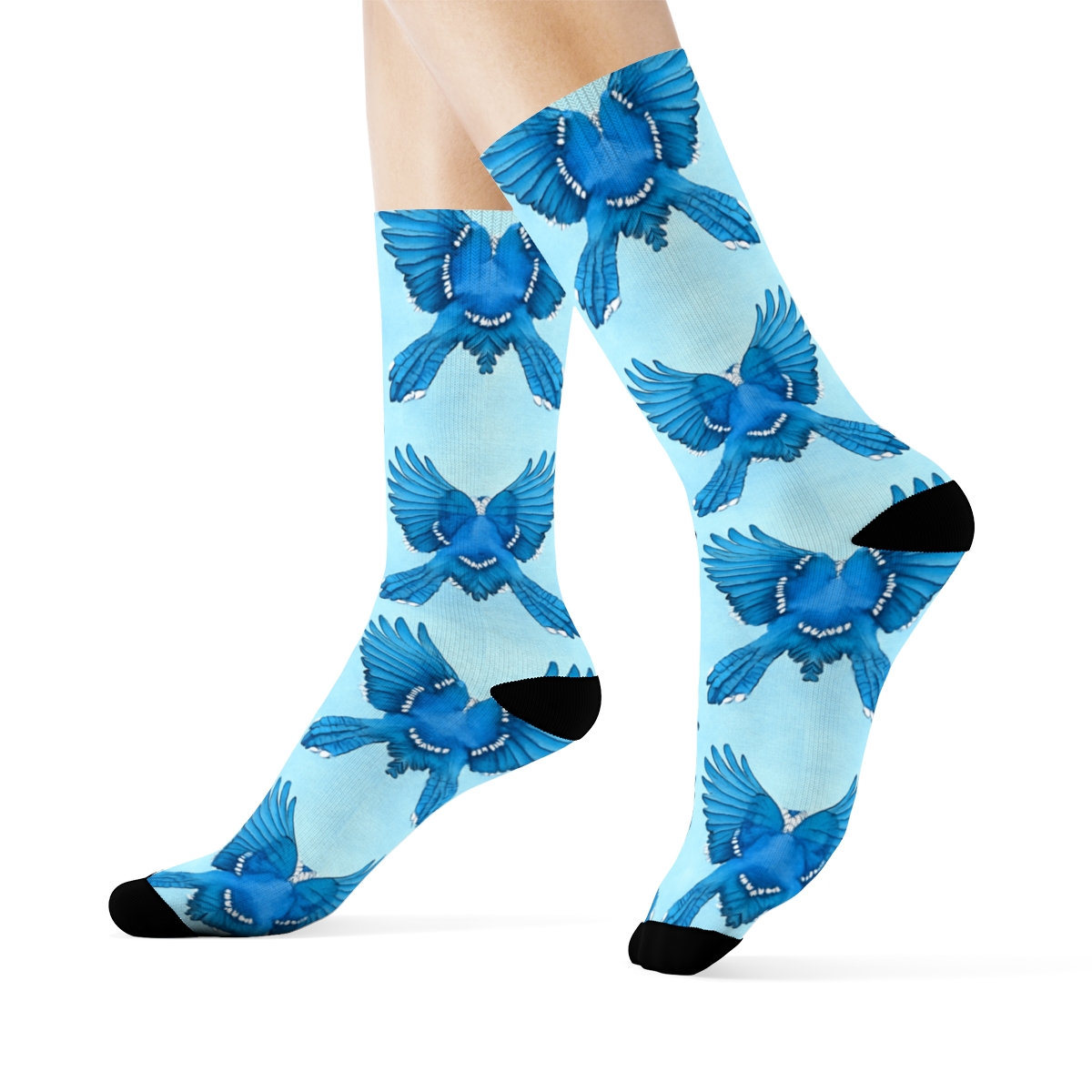 Sky Blue Jay Flight Mirror On Pale Blue Background custom crew socks