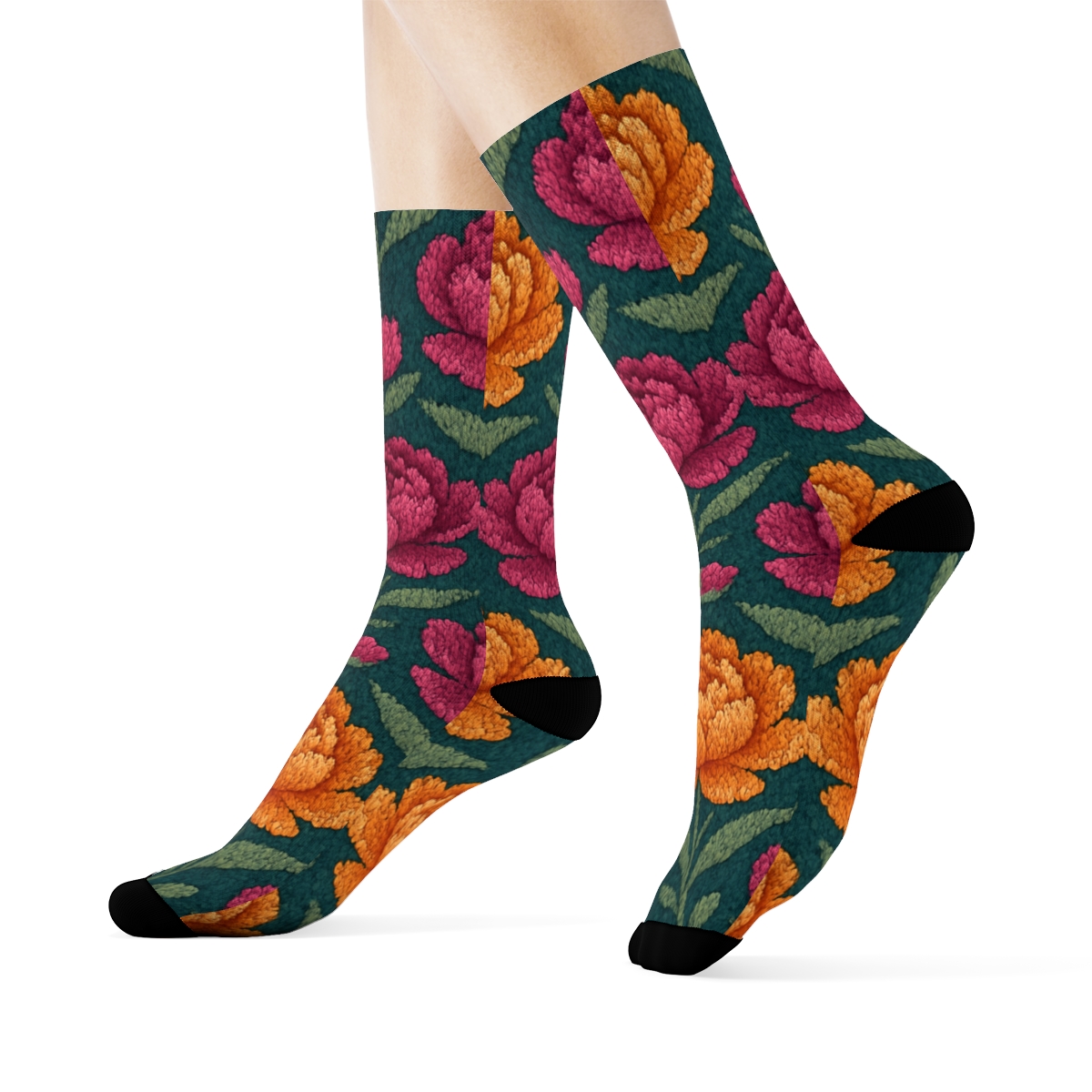 Sunset Peony Chevron Knit Repeat On Deep Teal Background comfortable cotton crew socks