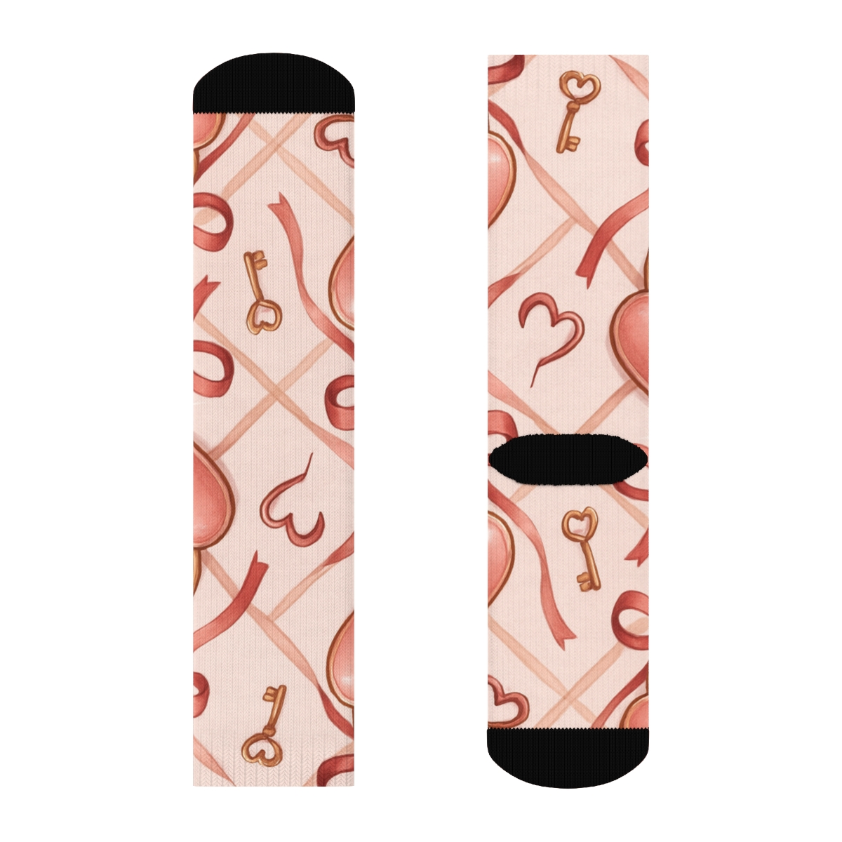 Ribbon Lattice With Valentines Heartshaped Lock And Key designer printed crew socks