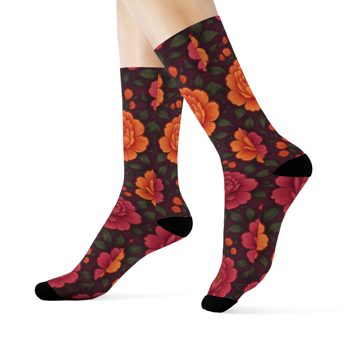 Sunset Peony Medallion Tiles On Deep Plum Background custom crew socks