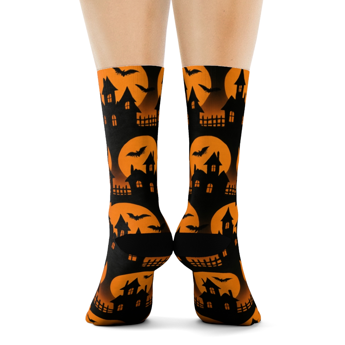 Haunted House Silhouette Stripe With Orange Moon Glows On Black Background stylish athletic crew socks
