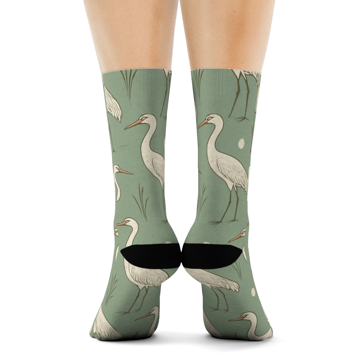 Cranes And Reeds Diagonal March On Misty Green Background comfortable cotton crew socks
