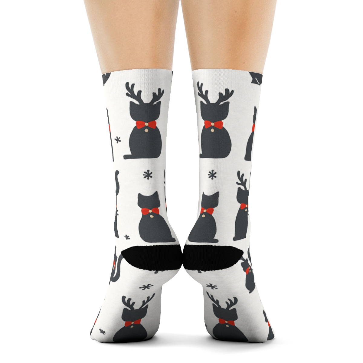 Minimalist Reindeer Cat Silhouettes Grid On White Background trendy patterned crew socks