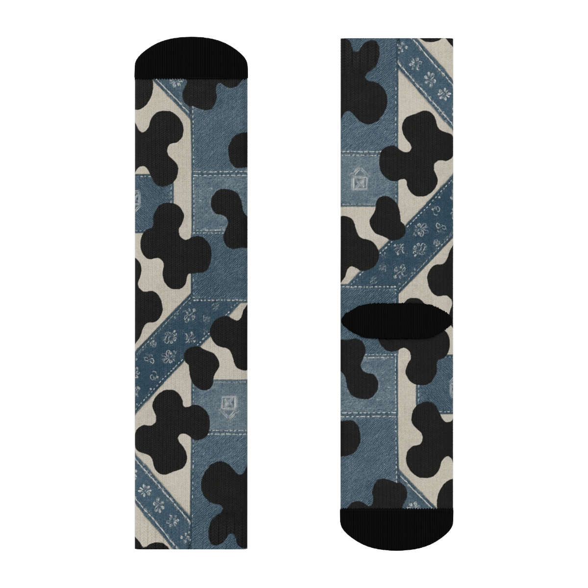Denim Patchwork Cow Spot Overlay stylish athletic crew socks