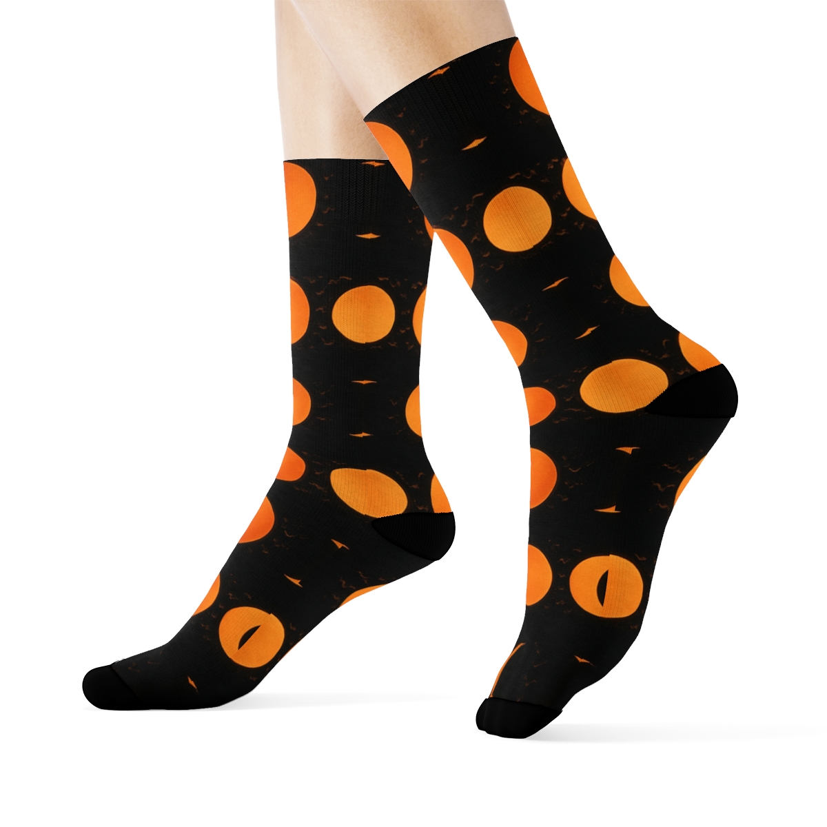 Orange Moon Glow Phases With Bat Swarm On Black Background personalized crew socks