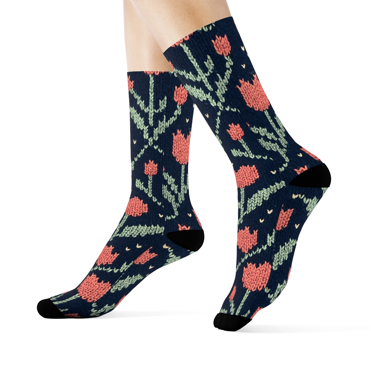 Tulip Knit Lattice On Navy Background comfortable cotton crew socks