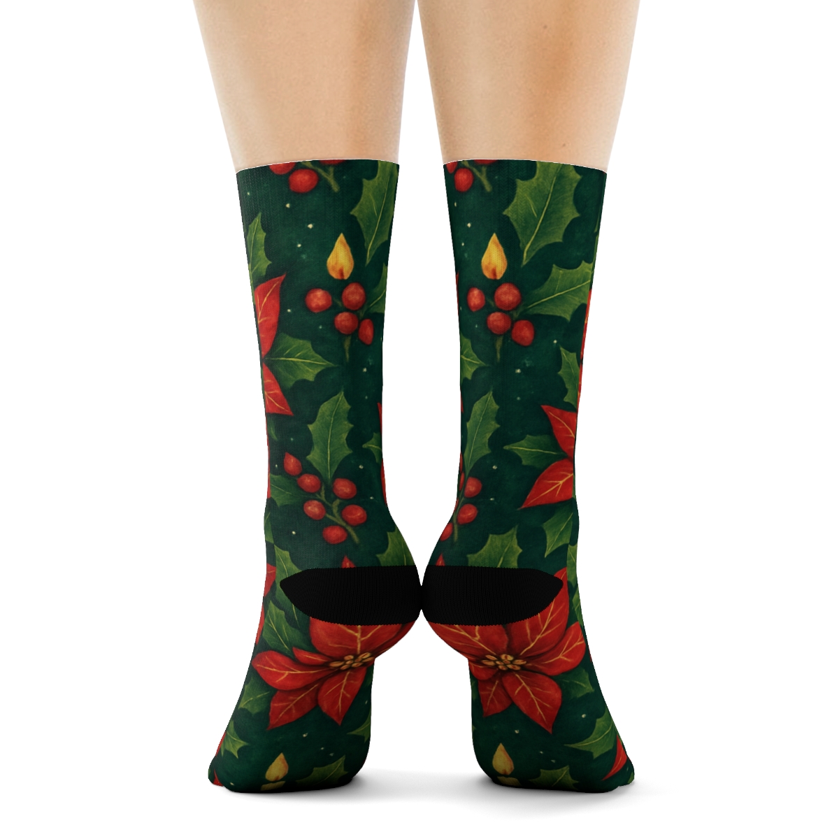 Poinsettia Candlelight Tessellation On Midnight Green Background unique graphic crew socks