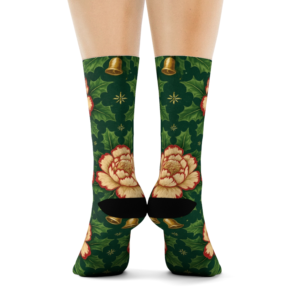 Holly Peony Lattice On Midnight Green Background soft everyday crew socks