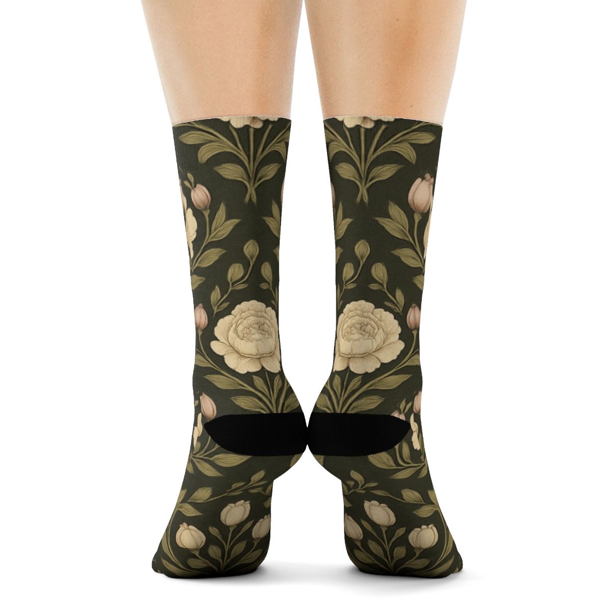Ivory Peony Medallion Lattice On Charcoal Background comfortable cotton crew socks