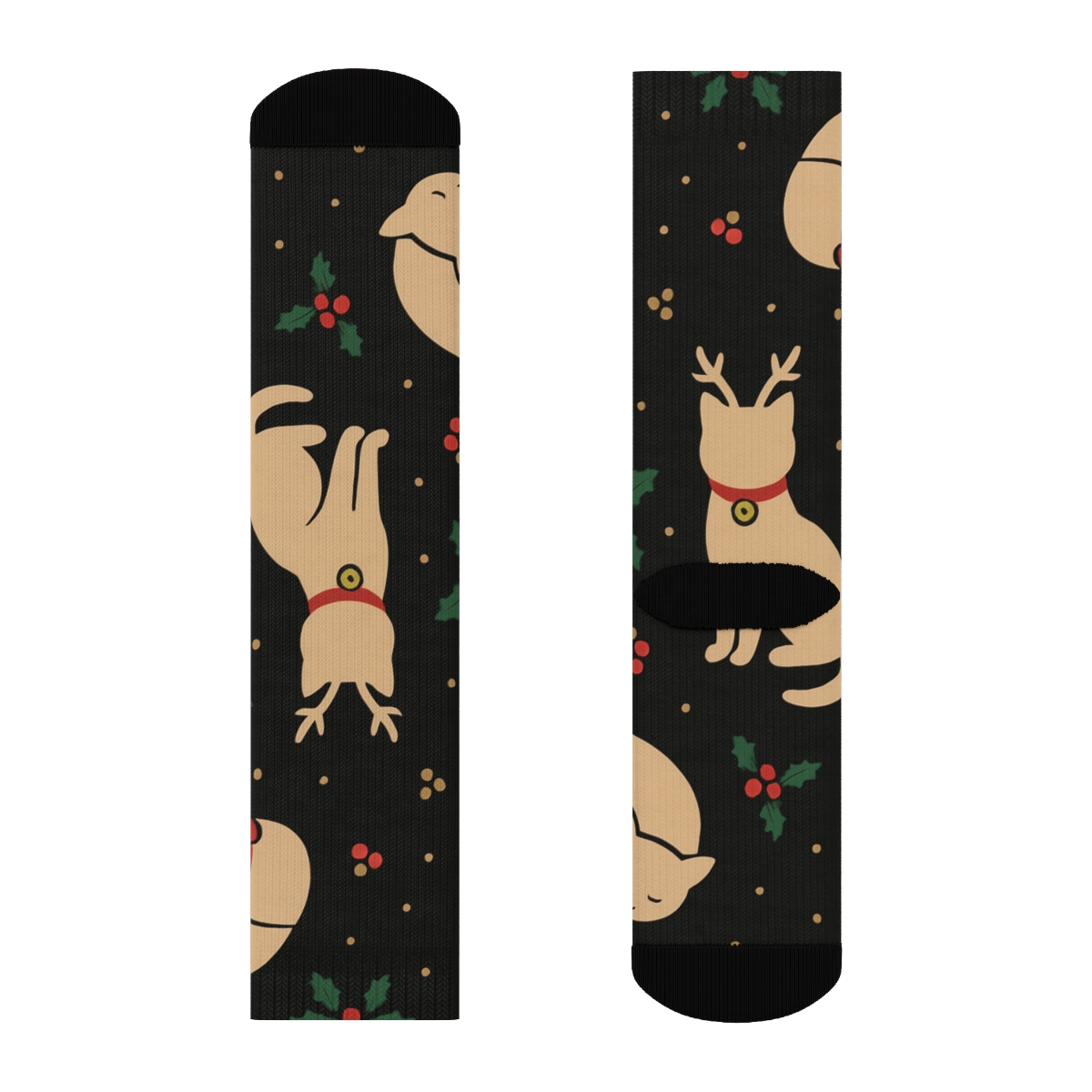 Minimalist Reindeer Cats Silhouette Lattice On Black Background comfortable cotton crew socks