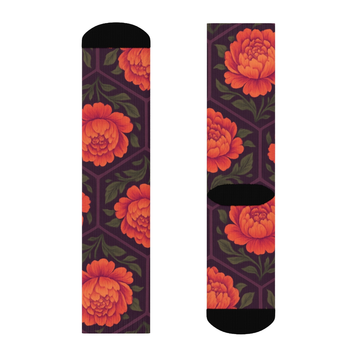 Sunset Peony Medallion Tessellation On Deep Plum Background premium sports crew socksSunset Peony Medallion Tessellation on Deep Plum Background Crew Socks - Image 2