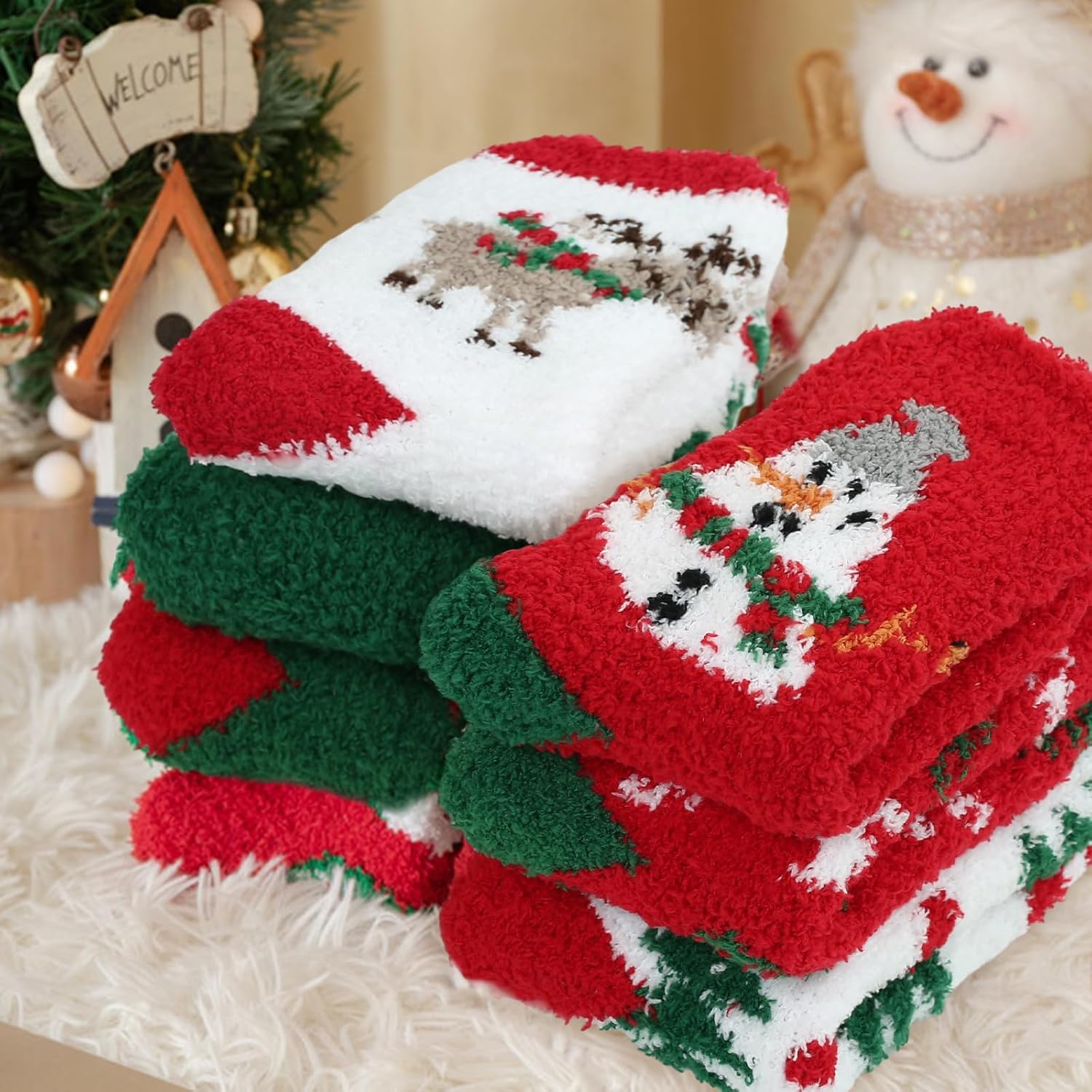 6 Pair Set Christmas Fuzzy Socks For Women