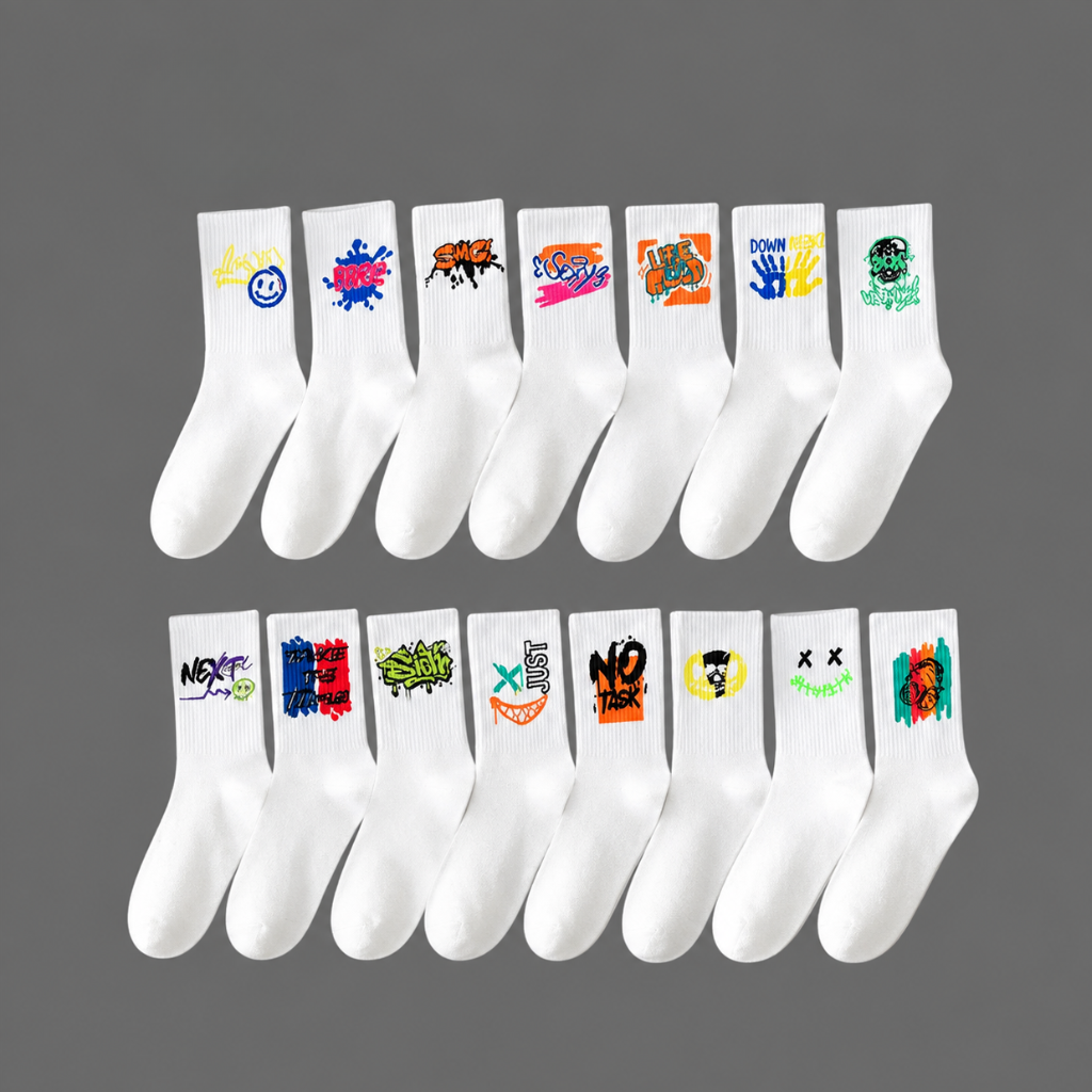 Pack Of 5 Random Print Crew Casual Socks For Men And Women