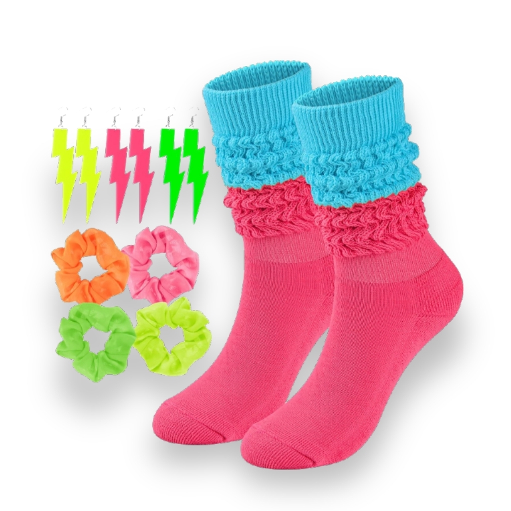 Scrunch High Socks Set With Neon Earrings And Scrunchies