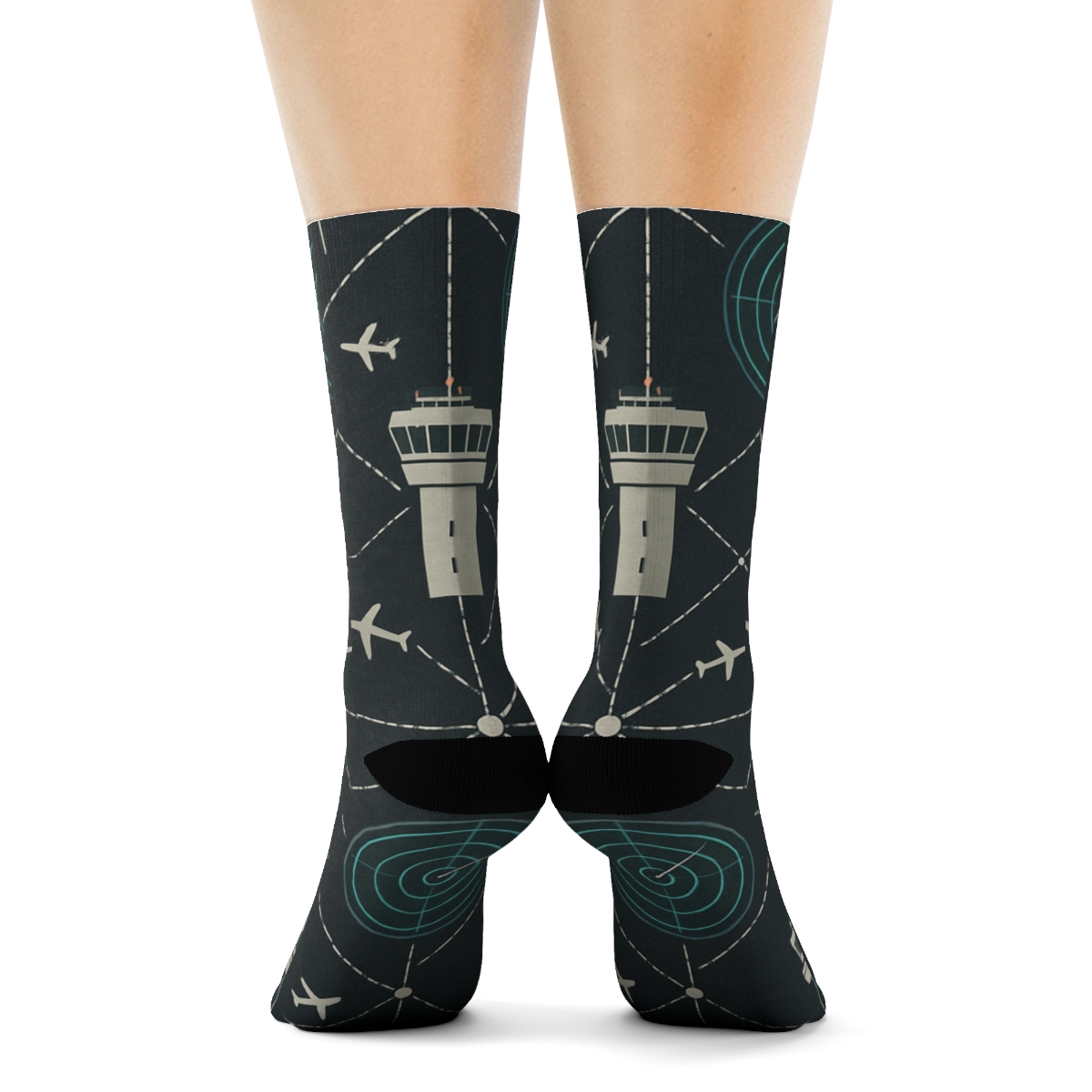 Air Traffic Control Tower Grid With Airplane Paths trendy patterned crew socks