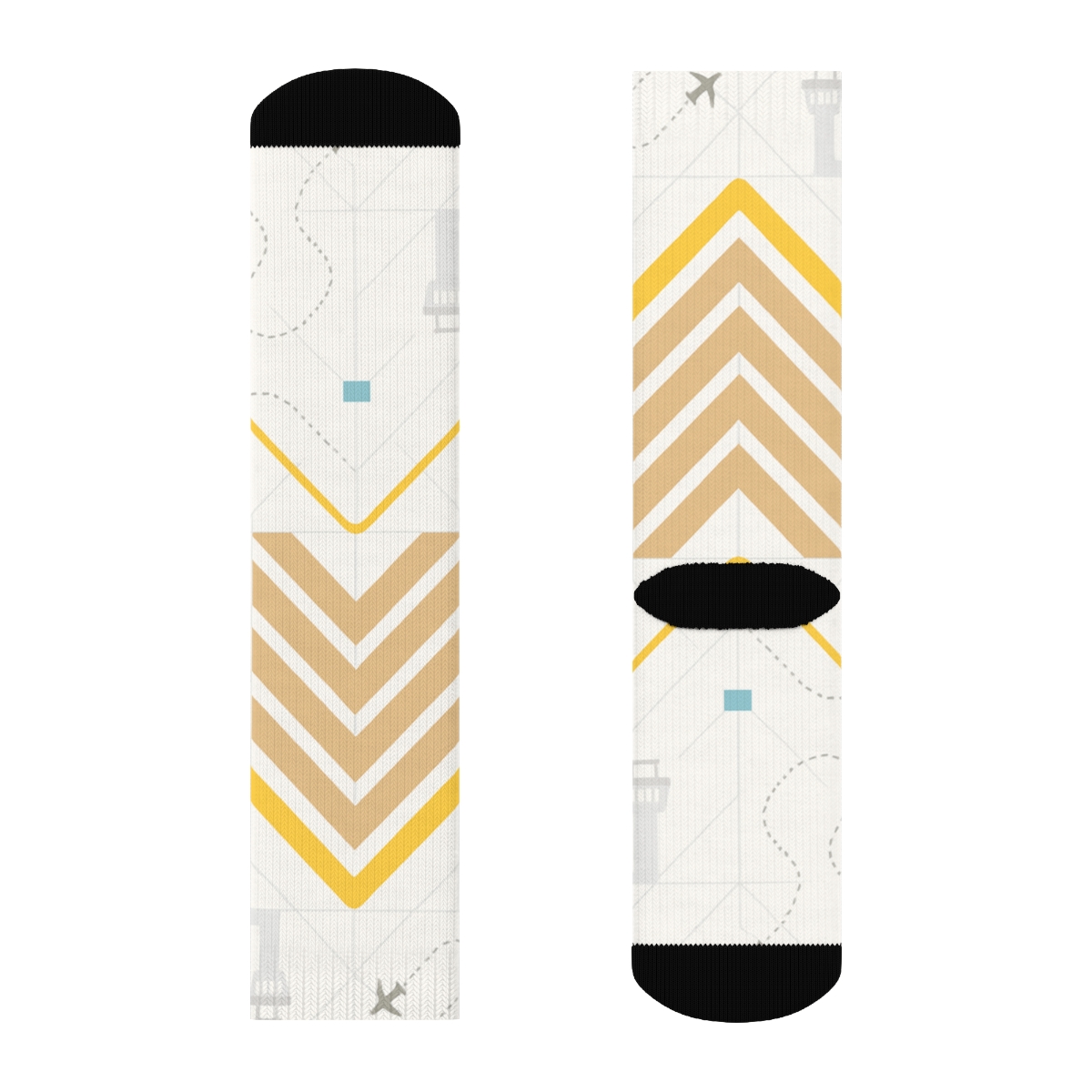 Runway Chevrons And Control Towers With Air Traffic Controller Motifs trendy patterned crew socks