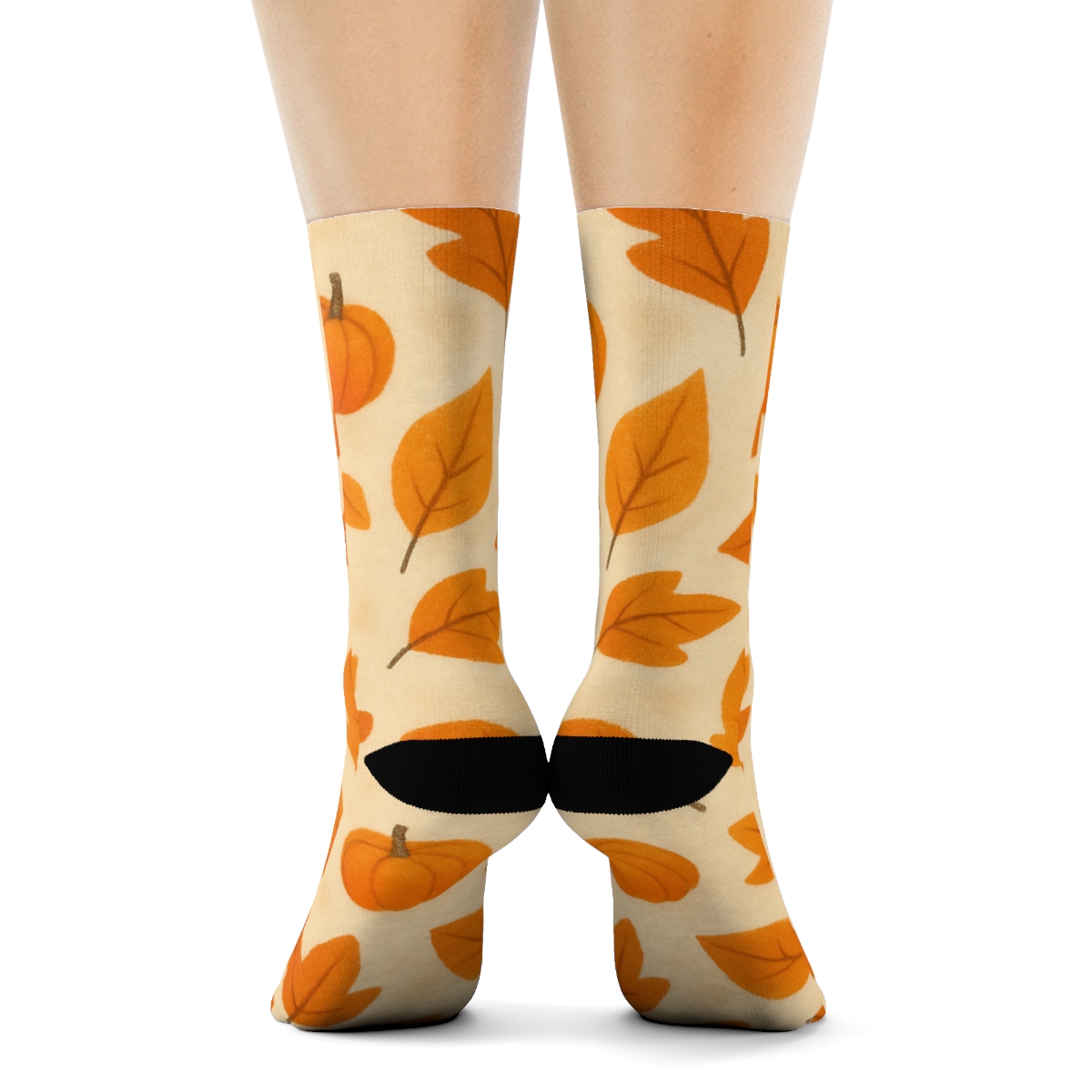 Orange Autumn Leaf And Tiny Pumpkin Scatter On Proper Neutral Background premium sports crew socks