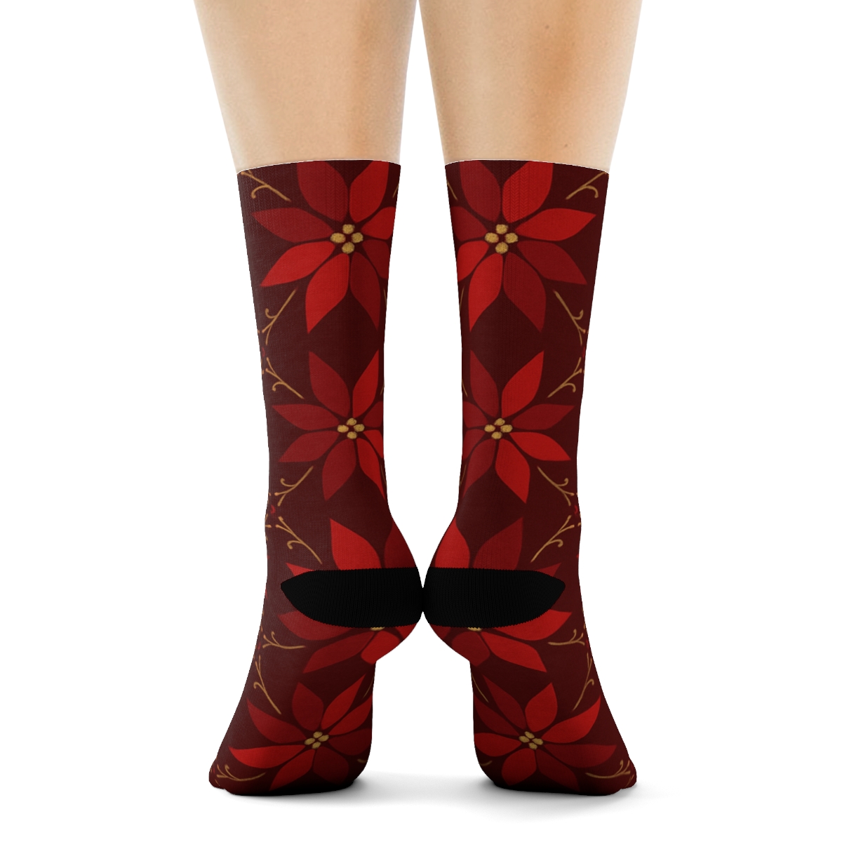 Golden Filigree Poinsettia Star Lattice On Deep Crimson premium sports crew socks