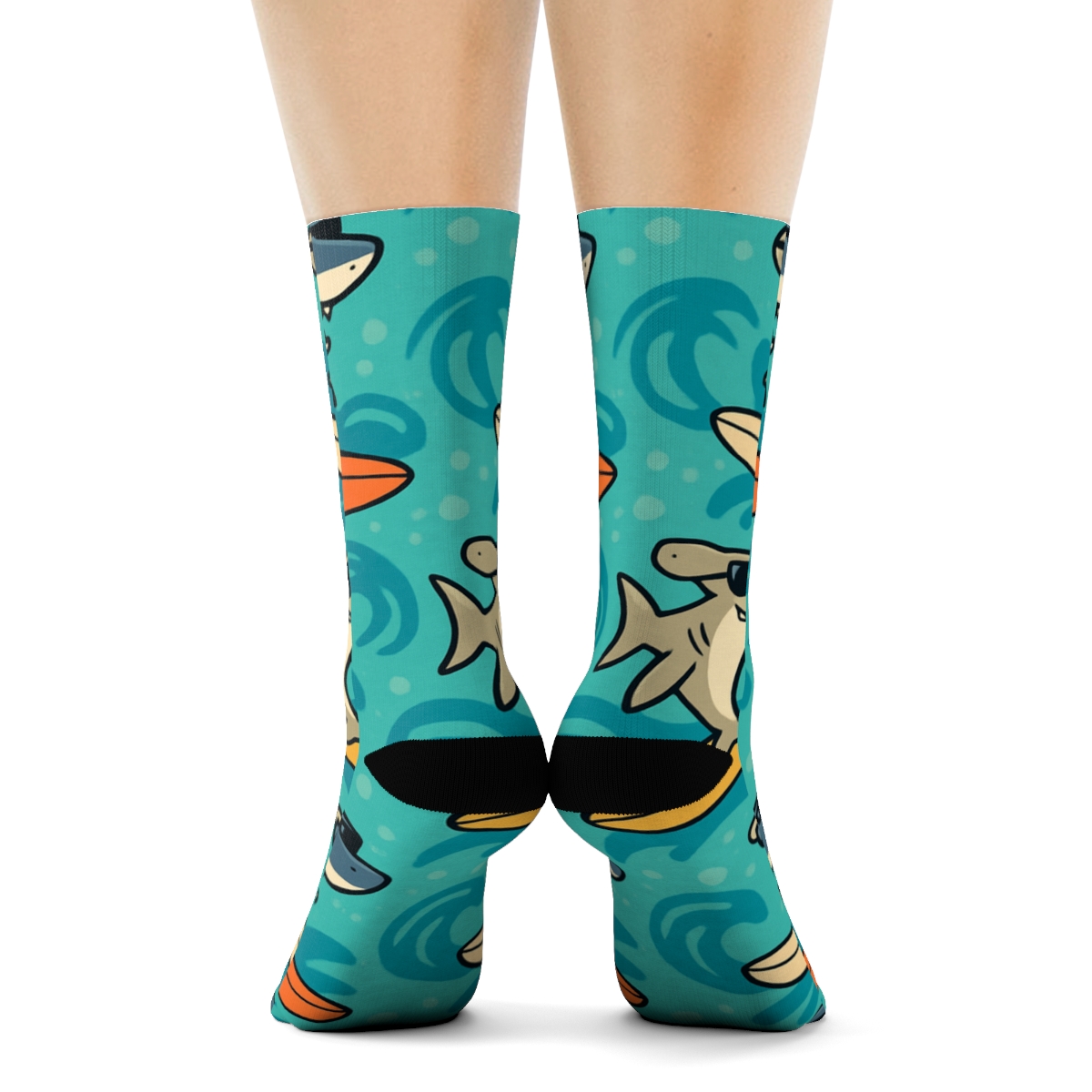 Tidal Grid Of Surfing Shark Characters unique graphic crew socks